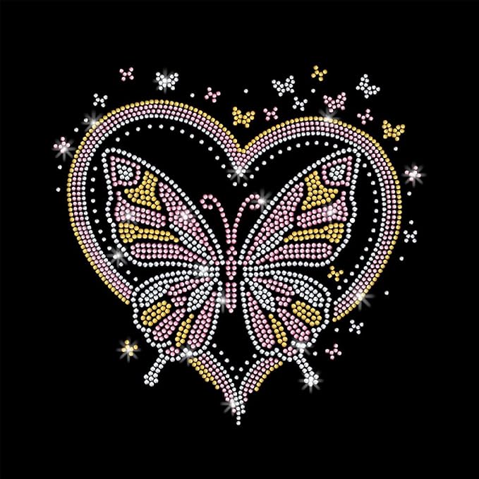 1 Pc Butterfly Heart Iron on Rhinestones Transfer, Pink Hotfix Iron on Patch Transfer Decals Crystal Heat Transfer Clothing Repair Decor for T-Shirt Jeans Jacket Party Decor by GOMAKERER