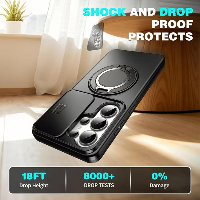 for Samsung Galaxy S26 Ultra Case, with Slide Camera Cover for S26 Ultra Case, Heavy Duty Shockproof Protective Case for Samsung S26 Ultra with Built-in Rotated Ring Kickstand, Black - Image 3