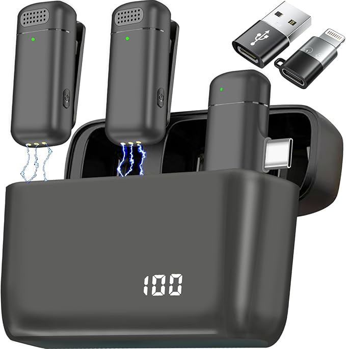2 Pcs 3 in 1 Wireless Lavalier Microphones for iPhone iPad USB C Android Laptop with Charging Case, Clip on Lapel Mic Plug-Play Cordless Mini Mic for Video Recording Vlogging, YouTube, Interview by APOMOV
