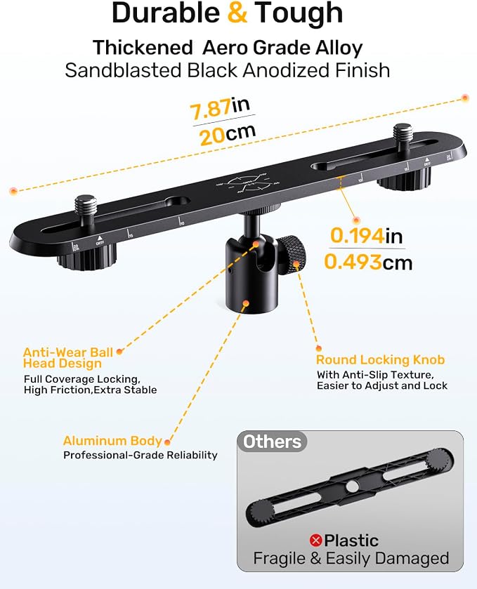 Stereo Array Spacing Mic Mount Bar with 360° Mic Ball Head Adapter, Adjustable Mic Holder for Two Mics/Booms with 1/4”, 3/8” & 5/8” Thread Adapter Fits Most Mic Stands, for XY/ORTF Recording - Image 7