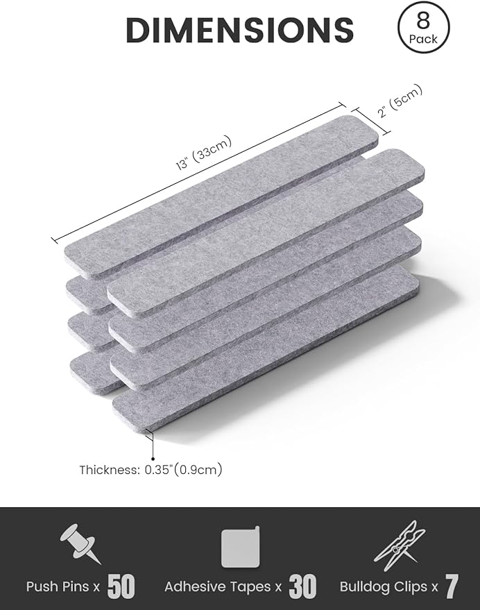 Fluxynara 13" x 2" Felt Wall Panels, Soft Gray | 8-Pack Includes 50 Push Pins and Adhesive Tabs for Photos, Notes and Decor in Bedroom Doors, Home Office or Studios - Image 2