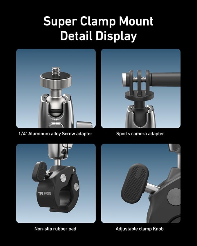 TELESIN Super Clamp Camera Mount with 360° Dual Ball Head, Bike/Bicycle/Motorcycle Handlebar Mount for GoPro Mission 1 PRO/DJI Osmo Pocket 4 3/ DJI Action 6 5 4/ Insta360 Luna Ultra/Xtra Muse Camera - Image 7