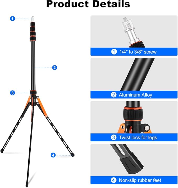 Extendable Travel Light Stand 7.2ft / 2.2m Portable Tripod with Carry Bag | Light Weight Adjustable Sturdy for Photography Studio Outdoor Shooting Speedlight Flash Reflector Ring Light - Image 7