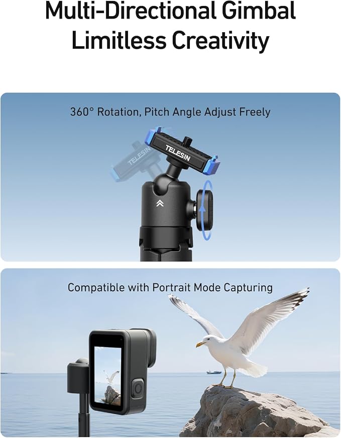TELESIN 40cm/15.7in Mini Selfie Stick Tripod for Gopro 13 / Mission 1 Pro | Magnetic Quick Release, Anti-Slip Handle Grip, 360° Ball Head, Vlog Extended Pole for Go Pro Hero 13 Black Camera Accessories - Image 4
