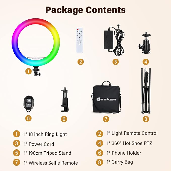 Yesker Ring Light with Tripod Stand and Phone Holder 18 Inch RGB Ringlight 25 RGB Modes Bi-Color Adjustable 2700–7000K LED Selfie Halo Light Kit for Live Stream Photography Zoom Makeup Youtobe Tiktok - Image 8