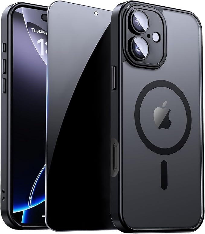 for iPhone 16 Plus Case with Privacy Screen Protector, Black | Full Camera Protection, Matte Translucent, Magnetic, Compatible with MagSafe, Shockproof Phone Cover for iPhone 16Plus by ZOZDOKG