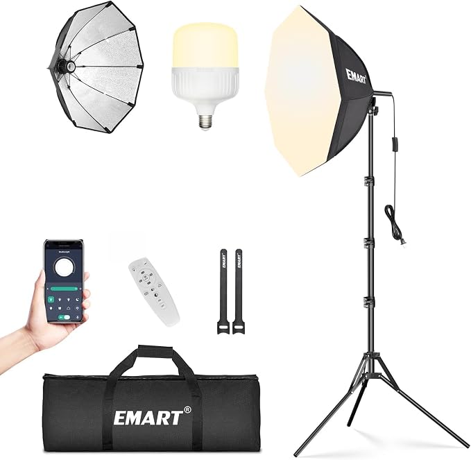 EMART Softbox Photography Lighting Kit 1Pack 50W LED 20"x20" Pull Soft Box | 3000K-6000K LED Bulb with Remote/APP Control, Professional Photography Lighting kit for Portrait, Video Recording, Streaming by EMART