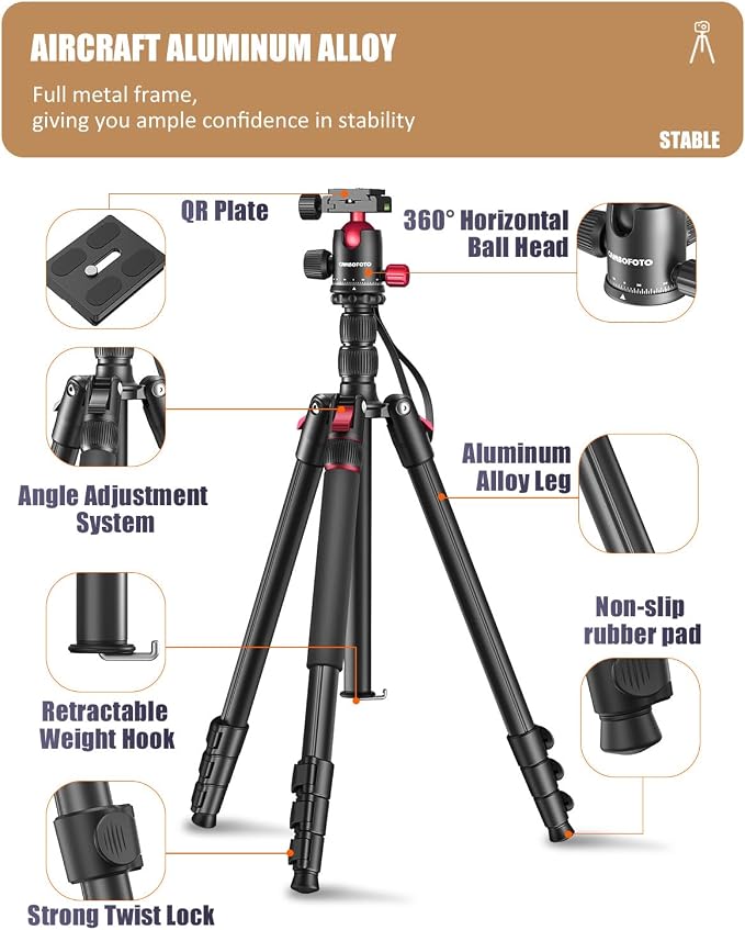 CAMBOFOTO 80"/205cm Camera Tripod, Aluminum Ball Head Tripod for Camera | Travel Tripod with 1/4" QR plate, Detachable Monopod, 33Lbs Load, for DSLR/Camcorder/Binoculars/Telescope/Spotting Scope - Image 6