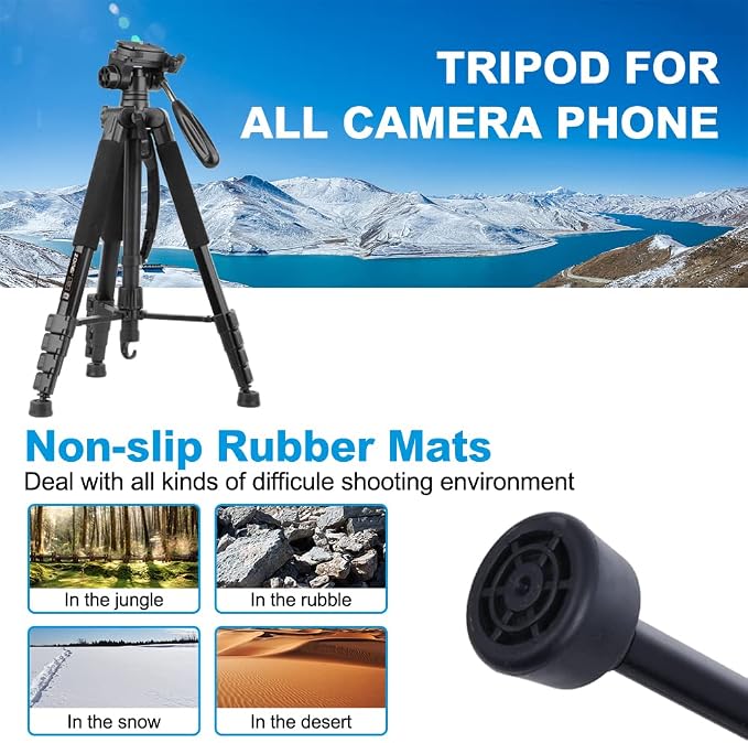 74’’ Camera Tripod,Heavy Duty Camera Stand Tripod,Cell Phone Tripod with Phone Holder, Professional Travel DSLR Tripods Compatible with DSLR Cameras,Cell Phones,Projector,Webcam(Black) - Image 4