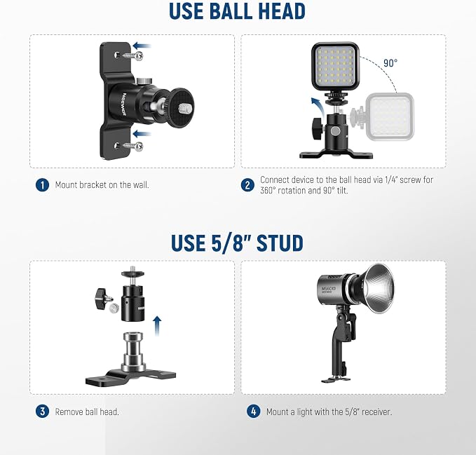 NEEWER 2 Pack T Type Wall Ceiling Mount, Ring Light Wall Mount Bracket with Detachable Ball Head, 5/8" Stud, 1/4" Screw for Flash Strobe Camera Monitor Studio Lighting, Max Load: 4.4lb/2kg, TS008 - Image 3