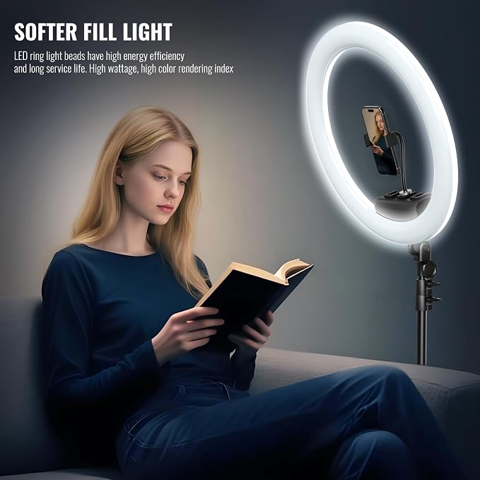 19" LED Ring Light with Stand, 78.7" Tripod, 3 Phone Holders | 45W Selfie Light, 2700K-6300K Adjustable Color, CRI 96+, Dimmable Brightness for Live Streaming, TikTok, YouTube, Makeup - Image 4