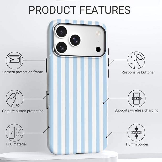 TPU Phone Case for iPhone 17 Pro, MagSafe Wireless Charging Compatible, Shockproof Slim Fit Protective Cover with Anti-Yellowing & Raised Camera Protection (Blue Stripe, iPhone 17 Pro(6.3")) - Image 4