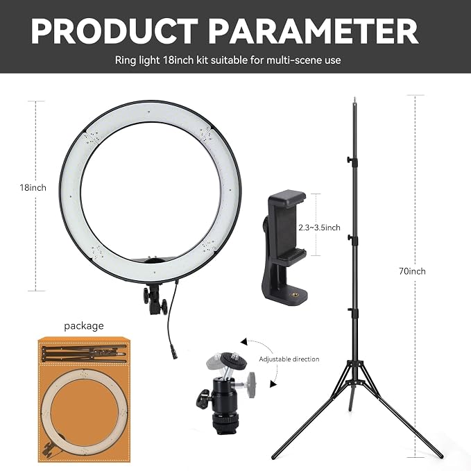 18-inch LED Ring Light with Adjustable Stand, 3200-5500K Color Temperature, USB Powered, Phone Holder, Remote Control for Photography, Makeup, YouTube Videos - Image 5