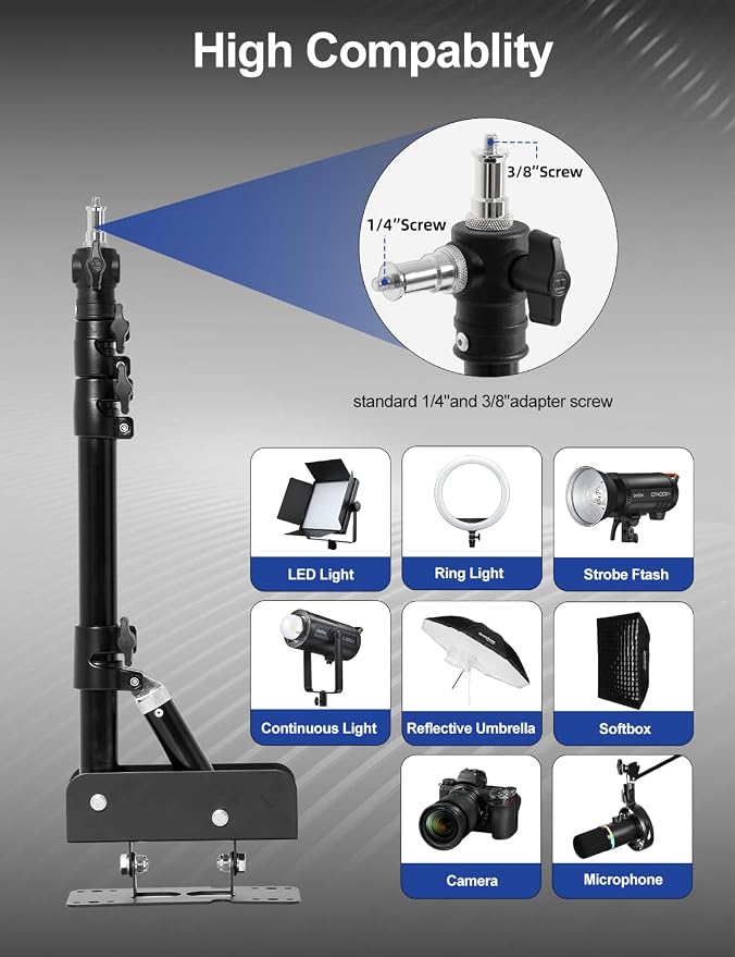 AMBITFUL 43inch/110cm Ring Light Wall Mount Triangle Boom Arm | Adjustable 180° Rotatable Studio Wall Stand with 1/4" 3/8" Screws, 5kg Load for Barbershop Live Streaming Video Shooting - Image 4