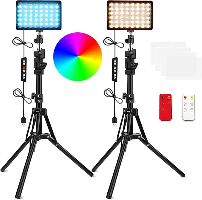 2 Packs RGB LED Video Light with Tripod Stand/White Filters by QEUOOIY