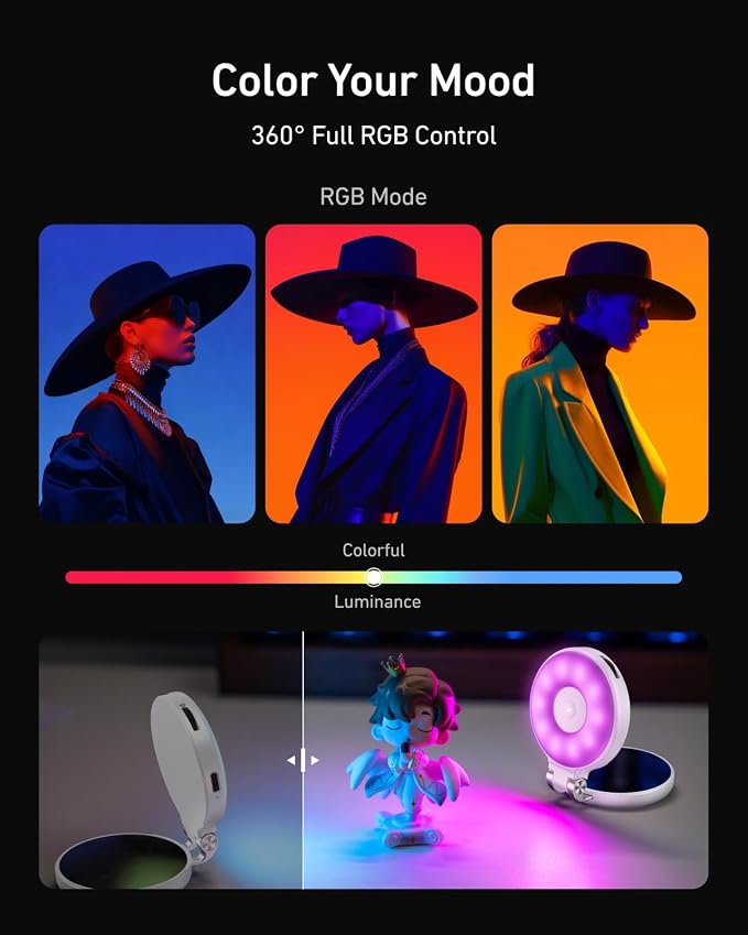 TELESIN Upgraded 4-in-1 Magnetic RGB Selfie Ring Light with Mirror & Phone Stand, Rechargeable Portable Clip On Fill Light for iPhone Samsung TikTok, Vlogging, Makeup, Photography, Streaming (White) - Image 5