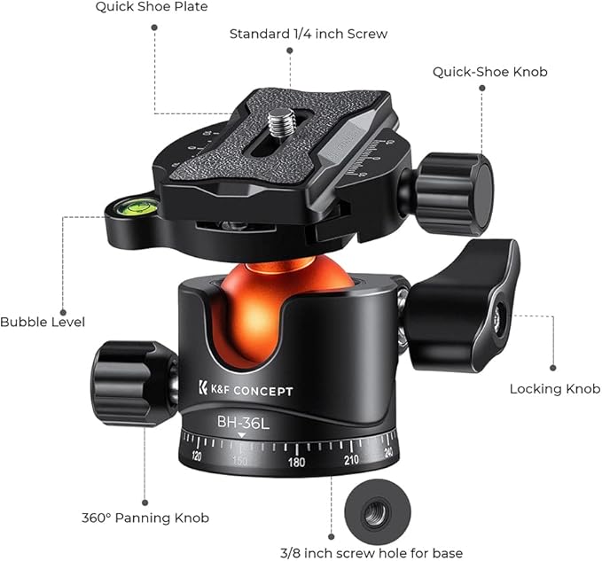 K&F CONCEPT 36mm Metal Tripod Ball Head 360 Degree Rotating Panoramic with 1/4 inch Quick Release Plate Bubble Level for Monopod Camera Camcorder Load Capacity up to 35.2 lbs/16KG | 3/8" Screw Head, 1/4" Quick Plate, Adapter, for Tripod/Camera - BH36L - Image 6