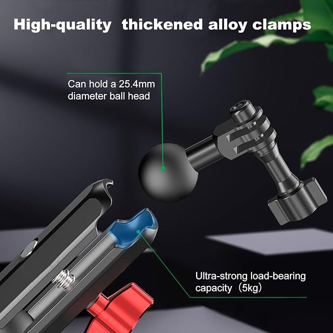 Camera Clamp Mount, Super Camera Mount Double Ball Head Magic Arm Adapter with U-Shaped for Motorcycle Handlebar Mounts & Aluminum Alloy Super Clamp for DSLR, 360° Rotating, 78002 - Image 2