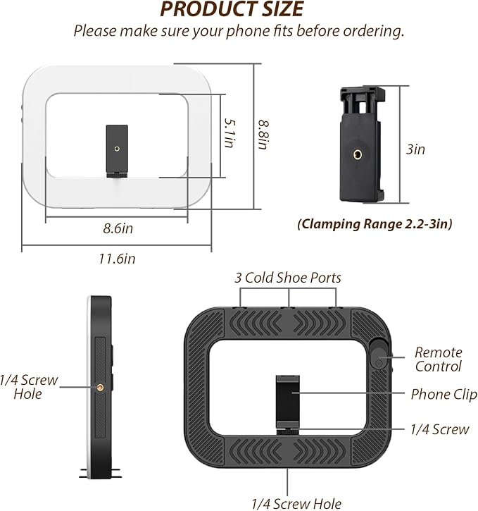 Smartphone Video Rig with Light, Handheld Ring Selfie Light Kit, LED Mobile Video Stabilizer with Built-in 8000mAh Battery for Camera, Smartphone, YouTube, TikTok Video Recording, Makeup - Image 2