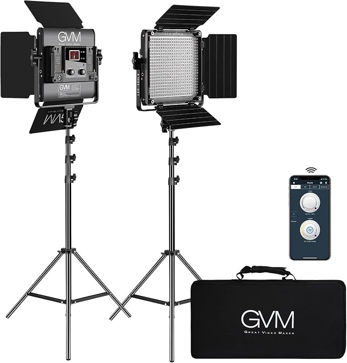 GVM 2 Pack LED Video Lighting Kits with APP Control, Bi-Color Variable 2300K~6800K with Digital Display Brightness of 10~100% for Video Photography, CRI97+ TLCI97 Led Video Light Panel +Barndoor by GVMGreatVideoMaker