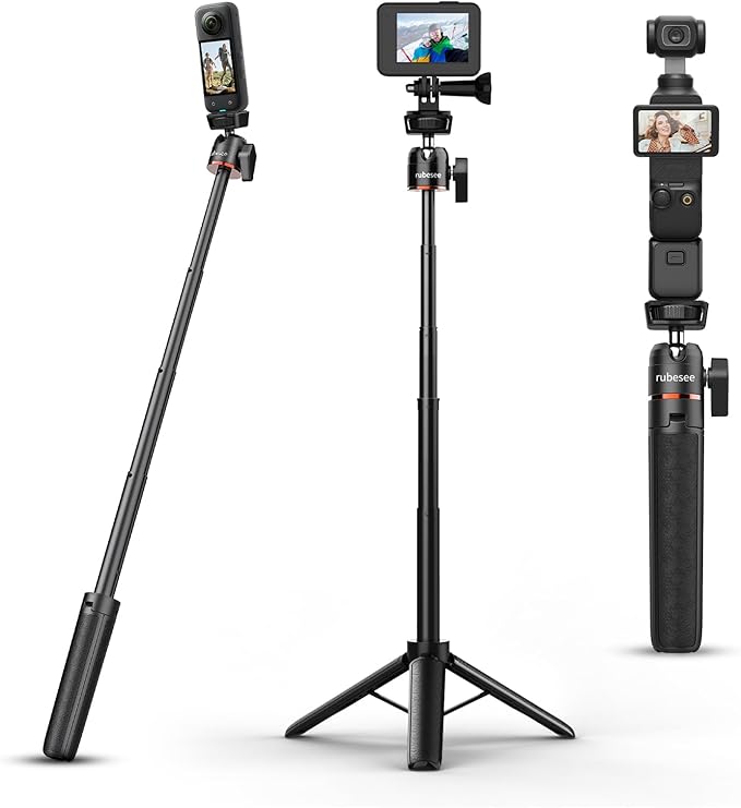 Mini Tripod for Camera, 24.61"/62.5cm Tripod Selfie Stick with 5 Levels Adjustment 360° Ball Head 1/4" Screw Desktop for DJI Osmo Pocket3 Vlog Handle Grip Insta360 Action 5 Pro/4/3 Camera by rubeseeOffical