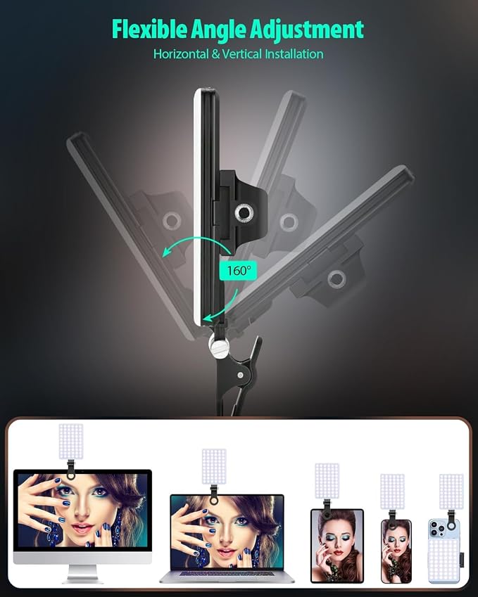 60 LED Portable Selfie Light Video Conference Lighting with Clip & Camera Tripod Adapter Rechargeable 2000mAh CRI 97+, 3 Light Modes for Phone iPhone Webcam Laptop Photo Makeup (Black) - Image 3