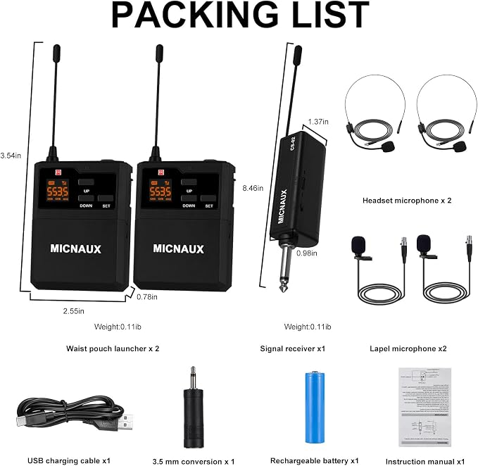 Wireless Lapel Microphone System with Headset & Lavalier Mics, Dual Bodypack Transmitters, Mini Rechargeable Receiver, 48 Channels in 500MHz UHF Band, 260ft Range for Wedding Speech Church - Image 9