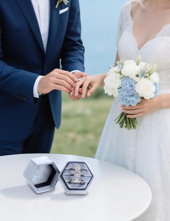 MFXIP Velvet 3 Slots Jewelry Ring Box Engagement Wedding Box Keepsake Box Bridal Photo Ring Triple Slots Hexagon - Image 6