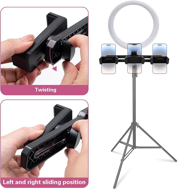 Triple-Clip Phone Holder, Smartphone Tripod Mount Adapter, Universal 360° Rotation Adjustable Clip Stand for Vlog Live Streaming Video Recording, Compatible with 1/4'' Screws - Image 3