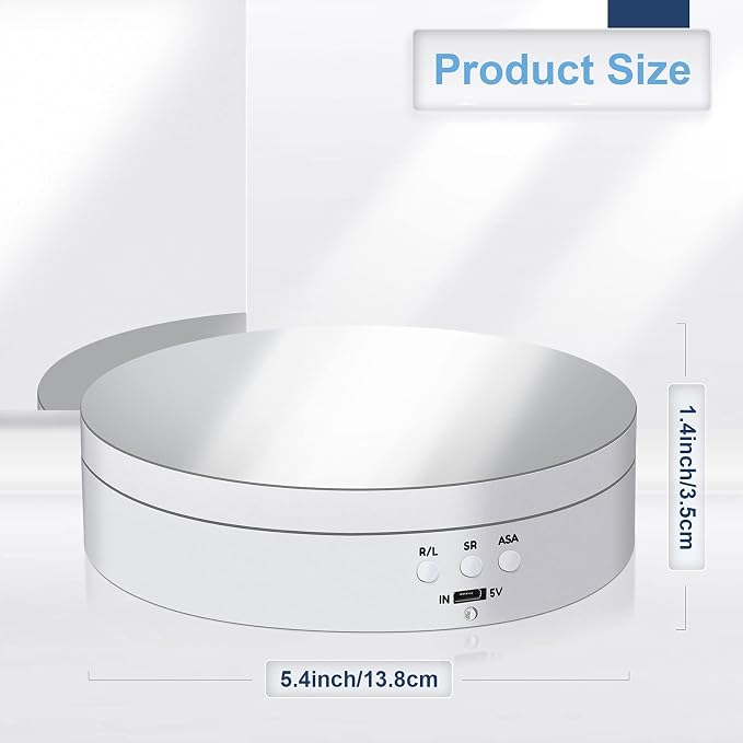 Hicarer 360 Rotating Display Stand Turntable USB Powered,White,Mirror | Motorized Turntable for Photography Product Shows, Electric Lazy Susan with Speed Control, USB Power Cable Included - Image 2