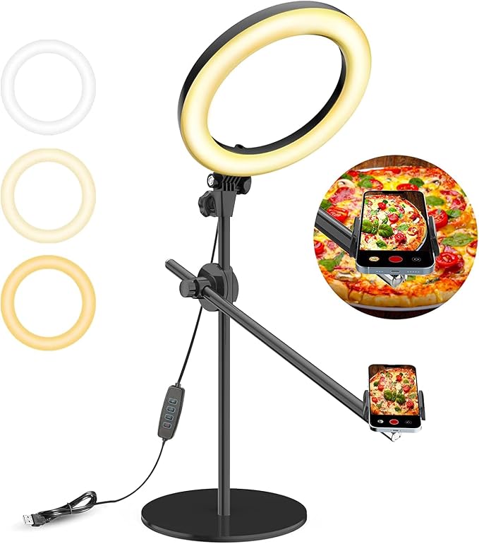 Selfie Ring Light with Stand and Phone Holder,Overhead Phone Mount with 10.5" Ring Lights,Desk Circle Lingt with Tripod Adjustable Shooting Arm for Video Recording,YouTube,TikTok,Live Streaming by LUXSURE