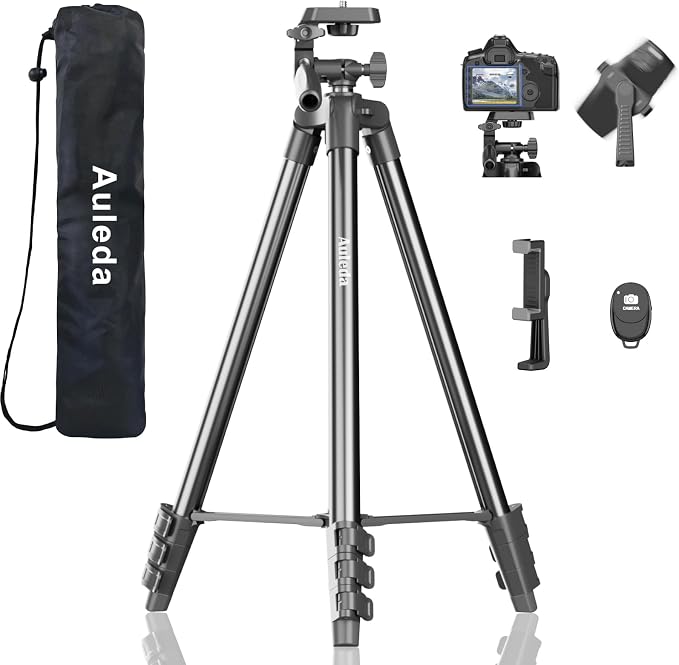 60″ Camera Tripod Lightweight Travel Stand for Canon Nikon Phone | with Wireless Remote Phone Holder and Bag Max Load 6.6 LB Black by AuledaPhotography