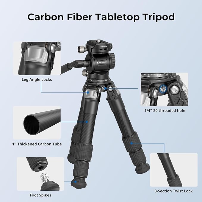 SmallRig Carbon Fiber Tabletop Tripod Kit - 5025 | 17" Mini Desktop Tripod with Fluid Video Head, Built-in QR Plate for Arca, Holds Up to 3kg/6.6lb, Compact for Travel - Image 3