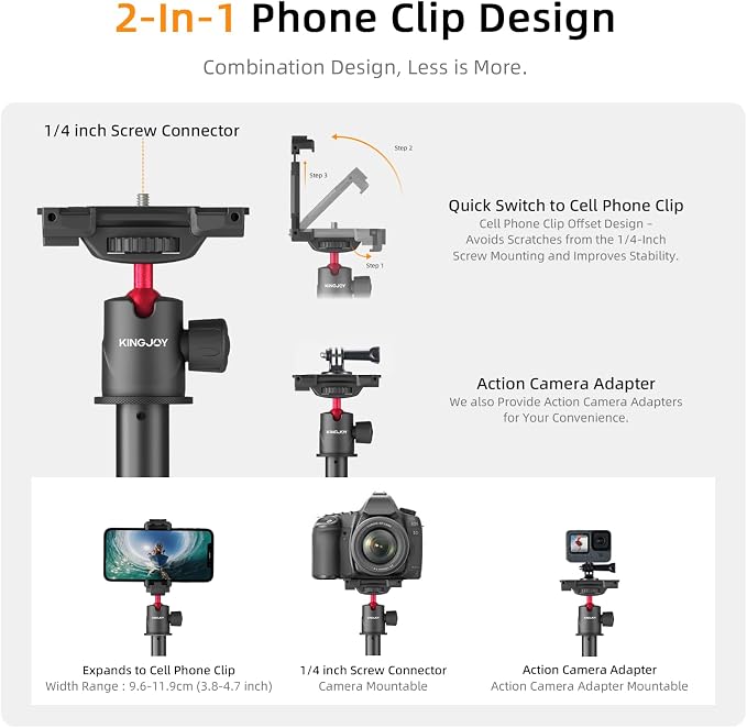 66" Selfie Stick Tripod for GoPro & Phone, Extendable Action Camera Tripod Stand with 360° Ball Head, Remote, Cold Shoe & 1/4" Screw, Compatible with GoPro Hero 14/13/12, DJI Osmo, Insta360 X5 - Image 7