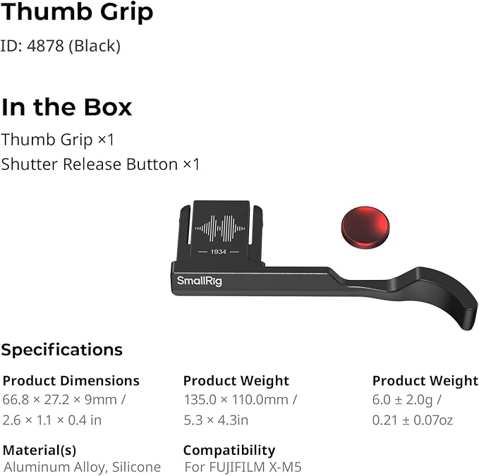SmallRig Thumb Grip with Hot Shoe Cover for FUJIFILM X-M5 (Black) - 4878 | Built-in Silicone Pads,Textured Surface for Enhanced Grip (Black)-4878 - Image 8