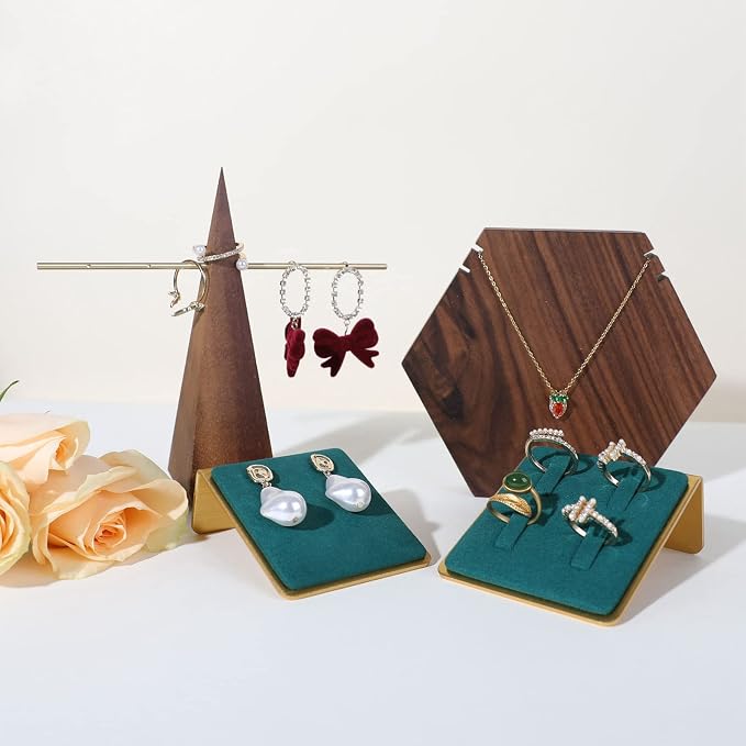 Gold earring stands and displays for show, Green velvet earring holders, Jewelry display stands for selling【Green】 - Image 5