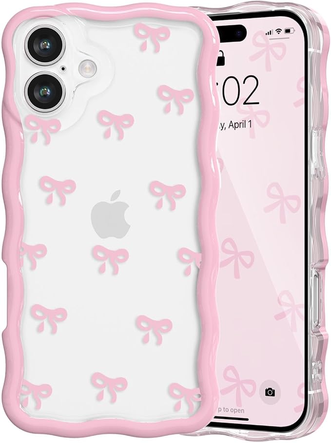 QLTYPRI for iPhone 17 Pink Bow Case, Clear Cute Pink Ribbon Bow Phone Case Curly Wavy Aesthetic Phone Cover, Soft Slim Transparent TPU Shockproof Protective Cover for Women Girls - Tiny Bow by QLTYPRI