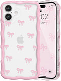 QLTYPRI for iPhone 16 Plus Pink Bow Case, Clear Cute Pink Ribbon Bow Phone Case Curly Wavy Aesthetic Phone Cover, Soft Slim Transparent TPU Shockproof Protective Cover for Women Girls - Tiny Bow by QLTYPRI