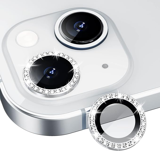 for iPhone 13/13 Mini Camera Lens Protector Bling Diamond, Silver | Individual Metal, 9H Hardness, Scratch Resistant, Shockproof, Drop Protection, Case Friendly, Stylish Accessories by Xfilm