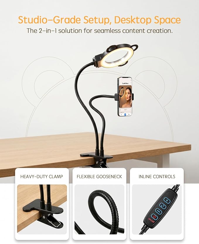 Desk Lamp, Ring Light for Laptop Desk Clip On, LED Reading Light with Clamp, Silicone Flexible Arm Book Light, Video Conference Lighting with Stand for Phone/Zoom Meeting/Video Call/Recording - Image 3