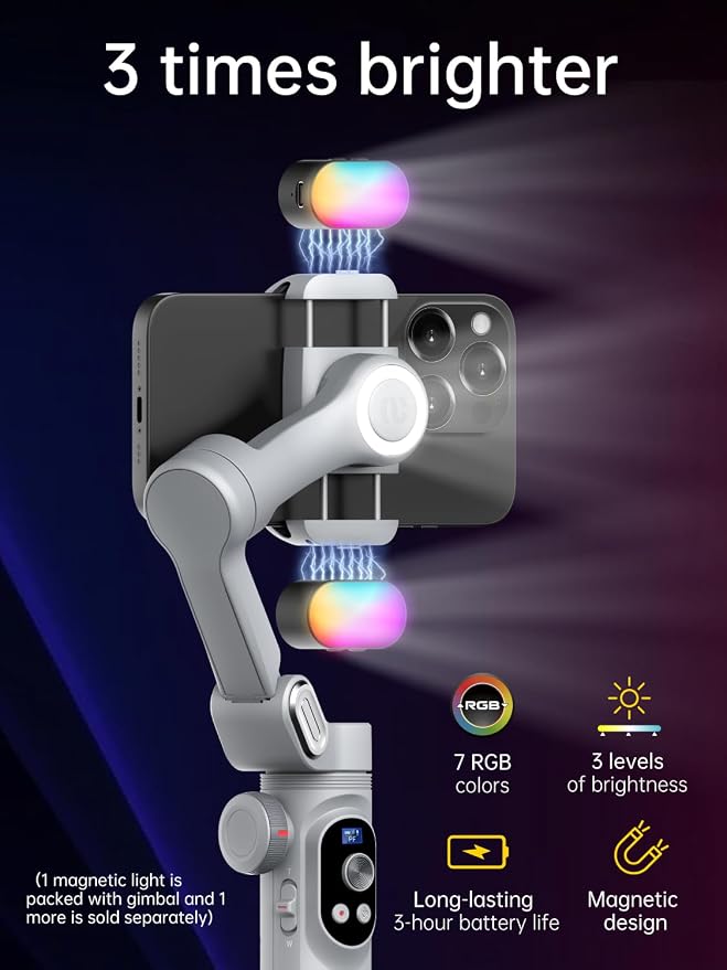 AOCHUAN iPhone Gimbal, 3-Axis Gimbal Stabilizer for Smartphone w/RGB Magnetic Fill Light Portable with Fous/Zoom Wheel for Vlog, Compatible with iPhone 15 Pro Max/Android-Smart X Pro Kit Gray - Image 2