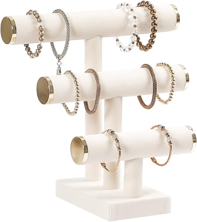 3 Tier Bracelet Holder,Bracelet Display Stand with Metal Cap,Beige White Velvet Jewelry Organizer Displays for Necklace Scrunchies Watches Hair Ties. by Pengup