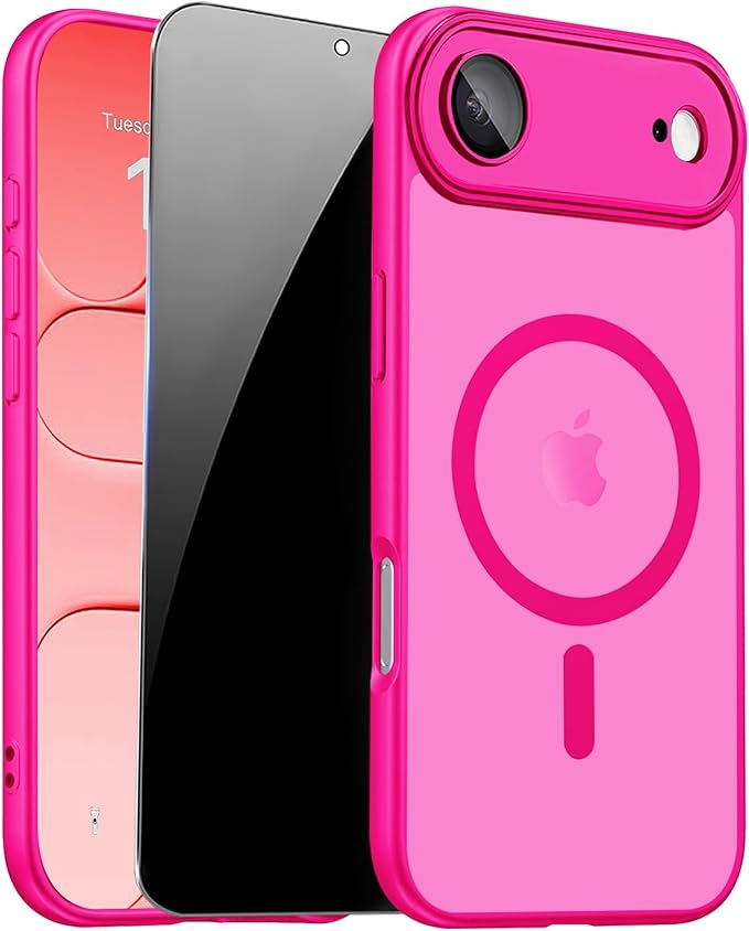 for iPhone Air Case with Privacy Screen Protector, Hot Pink | Full Camera Protector, Magnetic, Compatible with MagSafe, Translucent Matte Shockproof Cover for iPhone 17 Air Women Girls by ZOZDOKG