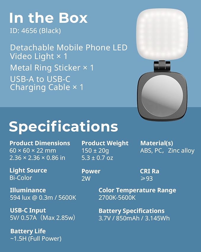 SmallRig Magnetic Selfie Light for iPhone, Phone Light with a Mirror | Instant Attachment for MagSafe, for Selfies, Video Conference, Vibe P48 Black - Image 9