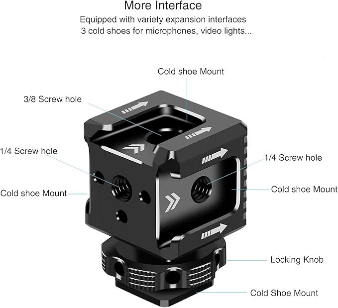 3 Port Cold Shoe Mount with 1/4"-20 Thread for Camera Cage Flash LED Monitor Microphone etc., Aluminum Camera Triple Cold Shoe Extension Bracket Compatible with Nikon, Canon, Sony..DSLR/SLR - Image 3