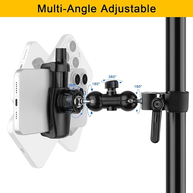 Mippko Phone Holder Clamp Mount for Treadmill/Spin Bike/Baby Stroller/Golf Cart/Music Stand/Microphone Stand/Handlebar,Compatible with 3.5~7.5" iPhone/Smartphone,360°Adjustable Aluminum Alloy Mount - Image 7