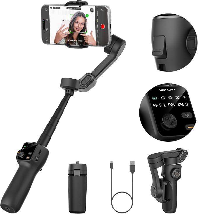 AOCHUAN Gimbal Stabilizer for iPhone w/Extension Rod,Face Tracking(SmartV8) | Phone Gimbal for iPhone with Built-in 7.8Ft Extension Rod, Full-Screen Oled Display, Ideal for Tiktok Recording(Black) by AOCHUAN