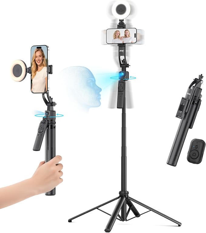 Acer Gadget Auto Face Tracking Tripod for iPhone/Cell Phone/Android/Camera with Light and Remote, 64", No App, 360°Rotating Tripod Selfie Stick for Tiktok YouTube Vlog Live Streaming Video Recording by Unknown