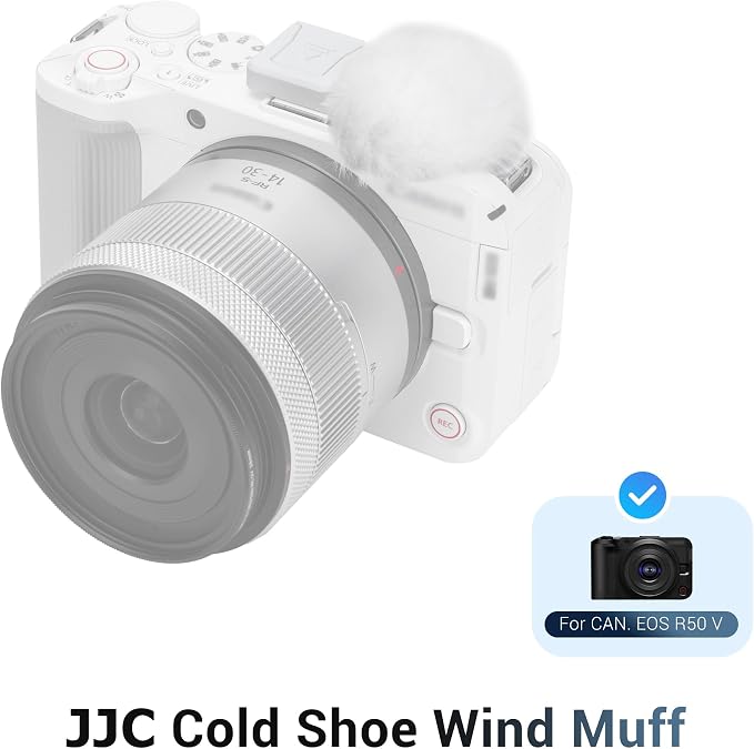 JJC Cold Shoe Wind Muff for Canon EOS R50 V R50V Camera(Not for R50), White | Furry Windshield with Shoe Adapter Mount Holder for LED Light Microphone Attachment, Canon R50V Vlogging Accessories - Image 2