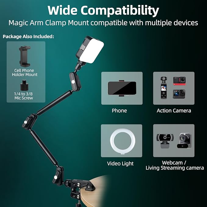 22" Magic Arm Clamp, Overhead Phone Mount Holder Stand, Flexible Desk Camera Mount, Articulating Friction Boom Arm with 1/4" 3/8" Threads for Phone, DSLR, Action Camera,Filming, Light, Webcam, Mic - Image 2